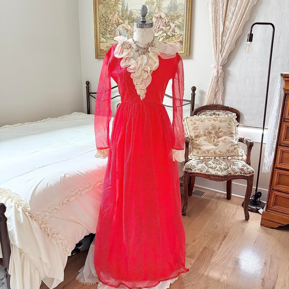 70s handmade size xs to small red polka dot maxi dress